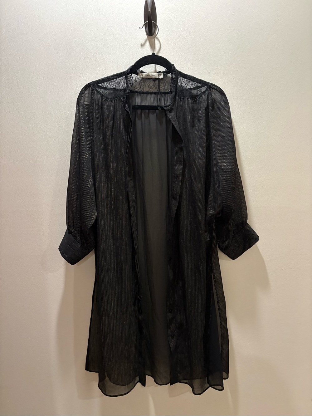 Zara Sheer Black Lace-Trim Longline Tunic Shirt or Dress, NWOT